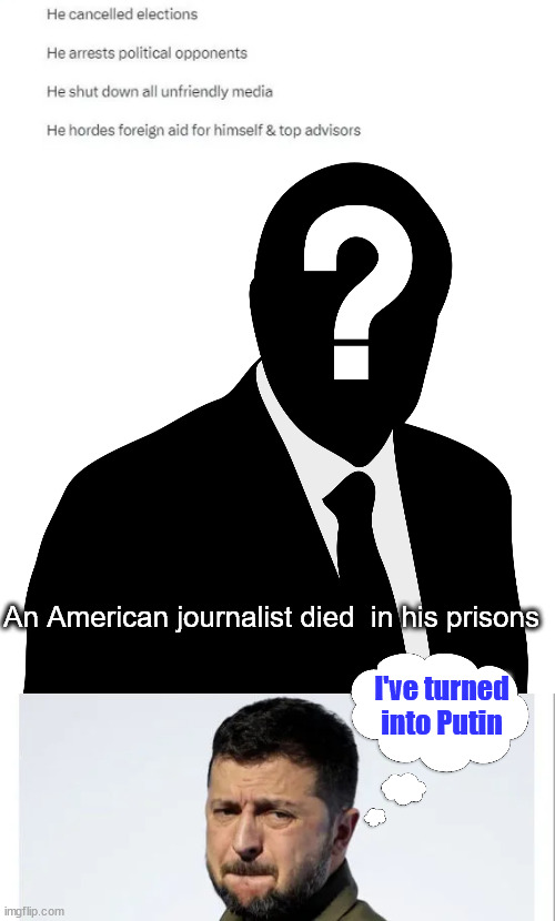 If the DC swamp supports them... they must be the "good guys"... | An American journalist died  in his prisons; I've turned into Putin | image tagged in mystery person,the dc swamp only supports good dictators | made w/ Imgflip meme maker