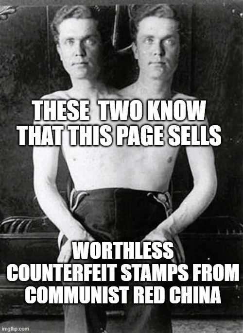 Counterfeit Stamps | THESE  TWO KNOW THAT THIS PAGE SELLS; WORTHLESS COUNTERFEIT STAMPS FROM COMMUNIST RED CHINA | image tagged in scam,fraud | made w/ Imgflip meme maker