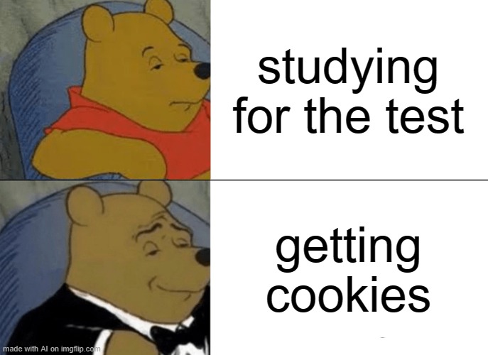 Tuxedo Winnie The Pooh Meme | studying for the test; getting cookies | image tagged in memes,tuxedo winnie the pooh | made w/ Imgflip meme maker