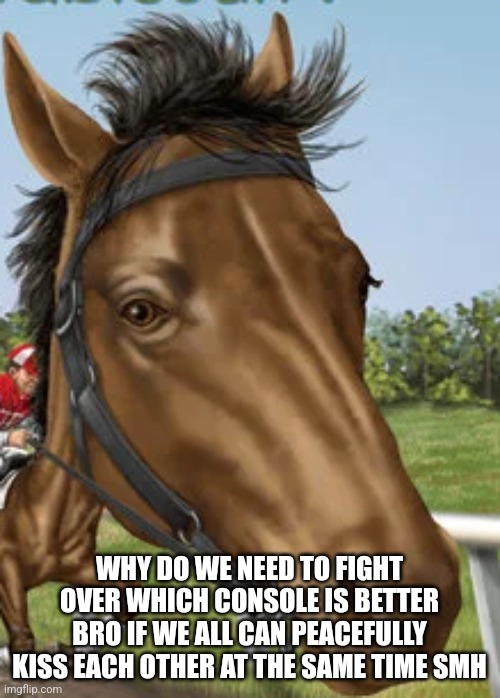 Big horse | WHY DO WE NEED TO FIGHT OVER WHICH CONSOLE IS BETTER BRO IF WE ALL CAN PEACEFULLY KISS EACH OTHER AT THE SAME TIME SMH | image tagged in big horse | made w/ Imgflip meme maker