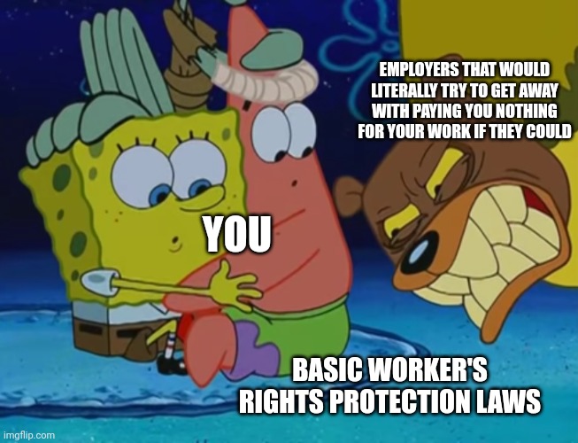 Your employer is not your friend, basic labor rights protections exist for a reason | EMPLOYERS THAT WOULD LITERALLY TRY TO GET AWAY WITH PAYING YOU NOTHING FOR YOUR WORK IF THEY COULD; YOU; BASIC WORKER'S RIGHTS PROTECTION LAWS | image tagged in sea bear,spongebob,class struggle,employment,worker's rights | made w/ Imgflip meme maker