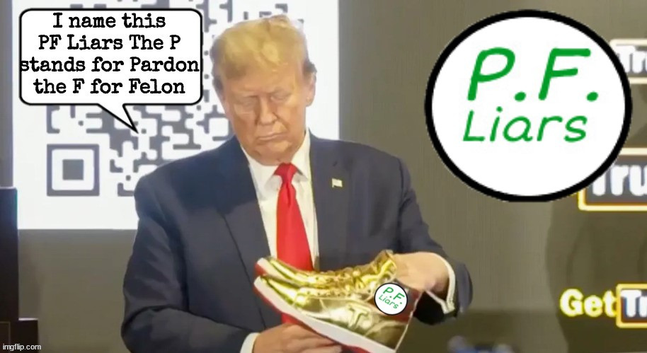P.F. Liars | image tagged in trump shoes,golden shower shoes,huckster,snake oil salesman,rube slippers,maga moocher | made w/ Imgflip meme maker