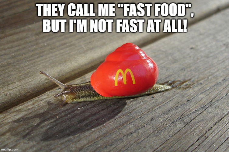snail mcdonalds | THEY CALL ME "FAST FOOD", BUT I'M NOT FAST AT ALL! | image tagged in snail mcdonalds | made w/ Imgflip meme maker