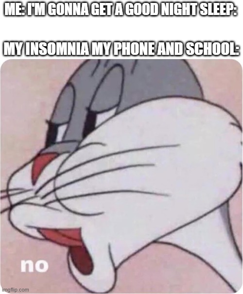 Can't Sleep | ME: I'M GONNA GET A GOOD NIGHT SLEEP:; MY INSOMNIA MY PHONE AND SCHOOL: | image tagged in bugs bunny no,funny,memes,dank memes,relatable memes,sleep | made w/ Imgflip meme maker