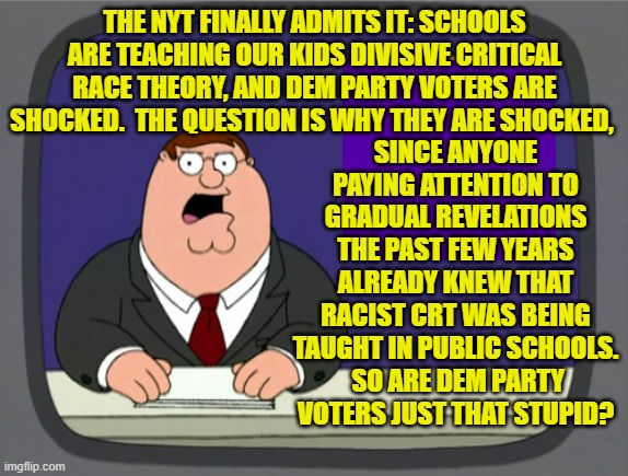 Come on Dem Party voters; it is a fair question. | THE NYT FINALLY ADMITS IT: SCHOOLS ARE TEACHING OUR KIDS DIVISIVE CRITICAL RACE THEORY, AND DEM PARTY VOTERS ARE SHOCKED.  THE QUESTION IS WHY THEY ARE SHOCKED, SINCE ANYONE PAYING ATTENTION TO GRADUAL REVELATIONS THE PAST FEW YEARS ALREADY KNEW THAT RACIST CRT WAS BEING TAUGHT IN PUBLIC SCHOOLS.  SO ARE DEM PARTY VOTERS JUST THAT STUPID? | image tagged in peter griffin news | made w/ Imgflip meme maker