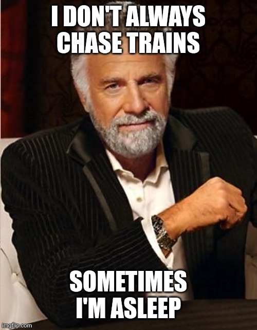 i don't always | I DON'T ALWAYS CHASE TRAINS; SOMETIMES I'M ASLEEP | image tagged in i don't always | made w/ Imgflip meme maker