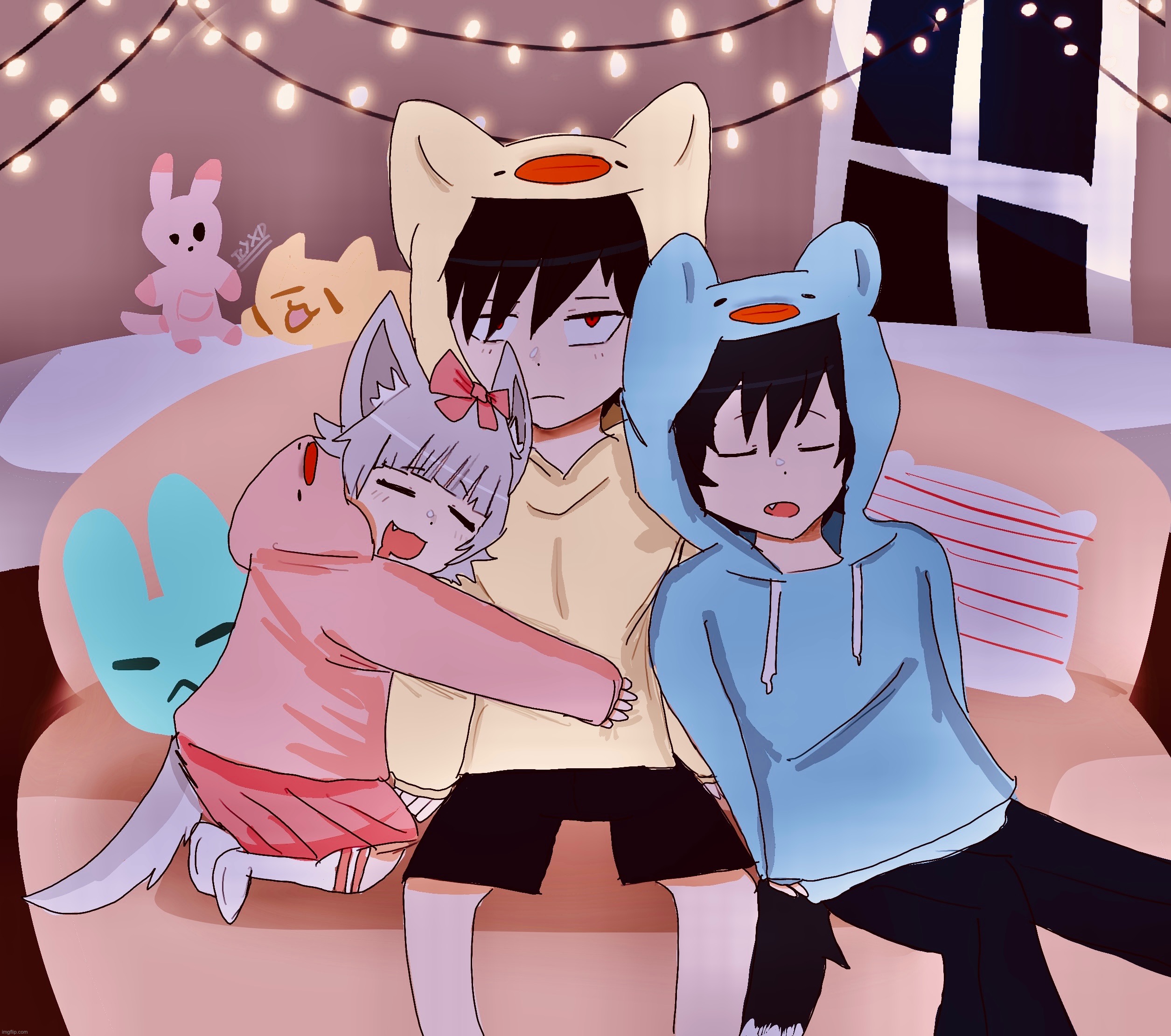 ♡ Shh, the little wolves are sleeping~♡ | image tagged in cuddle,cute,anime,mokumoku,night | made w/ Imgflip meme maker