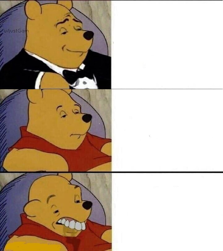 Tuxedo Winnie the Pooh above regular pooh above ugly Pooh Blank Meme Template