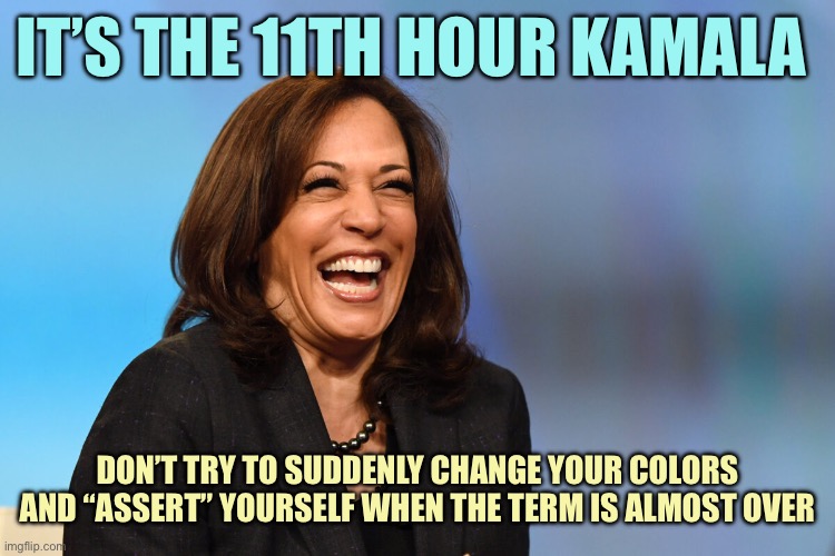 Missing in Action for 3 Years | IT’S THE 11TH HOUR KAMALA; DON’T TRY TO SUDDENLY CHANGE YOUR COLORS AND “ASSERT” YOURSELF WHEN THE TERM IS ALMOST OVER | image tagged in kamala harris laughing,memes | made w/ Imgflip meme maker