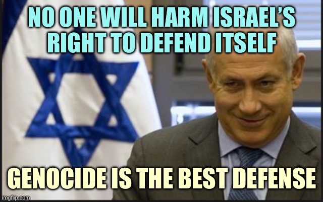 Israel Netanyahu | NO ONE WILL HARM ISRAEL’S RIGHT TO DEFEND ITSELF; GENOCIDE IS THE BEST DEFENSE | image tagged in israel netanyahu | made w/ Imgflip meme maker