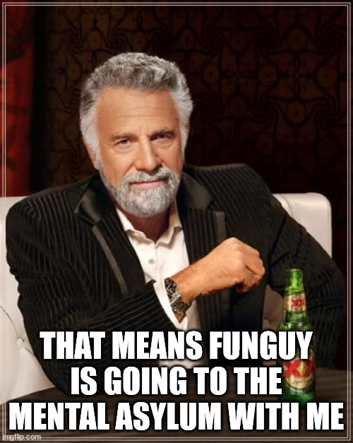 The Most Interesting Man In The World Meme | THAT MEANS FUNGUY IS GOING TO THE MENTAL ASYLUM WITH ME | image tagged in memes,the most interesting man in the world | made w/ Imgflip meme maker