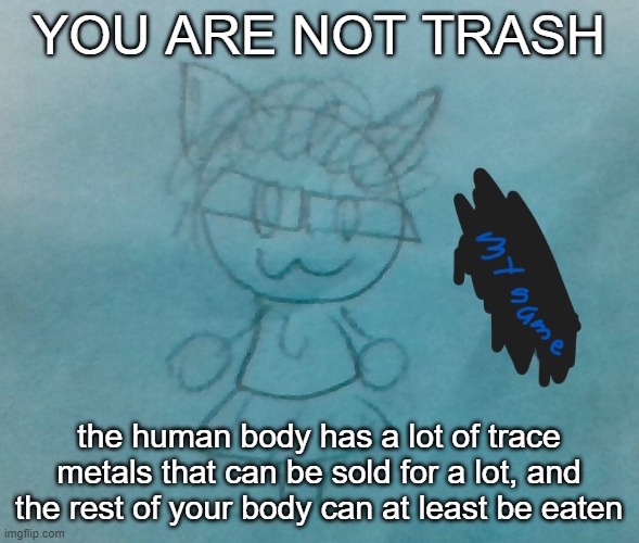 yea | YOU ARE NOT TRASH; the human body has a lot of trace metals that can be sold for a lot, and the rest of your body can at least be eaten | image tagged in bda neko arc | made w/ Imgflip meme maker
