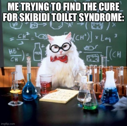 Chemistry Cat | ME TRYING TO FIND THE CURE FOR SKIBIDI TOILET SYNDROME: | image tagged in memes,chemistry cat | made w/ Imgflip meme maker