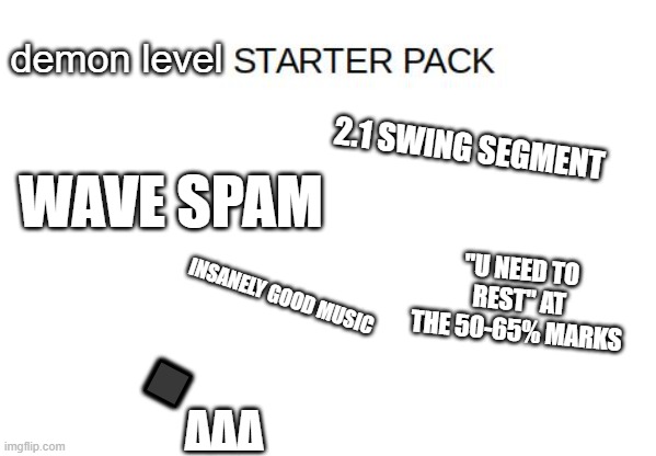 real?? | demon level; 2.1 SWING SEGMENT; WAVE SPAM; "U NEED TO REST" AT THE 50-65% MARKS; INSANELY GOOD MUSIC; ⬛; ΔΔΔ | image tagged in blank starter pack meme,demon,geometry dash,in a nutshell,geometry dash in a nutshell | made w/ Imgflip meme maker