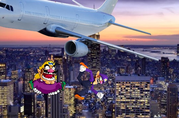 Wario and Waluigi dies by jumping off a plane in New York City without parachutes | image tagged in new york city,wario dies,wario,waluigi | made w/ Imgflip meme maker