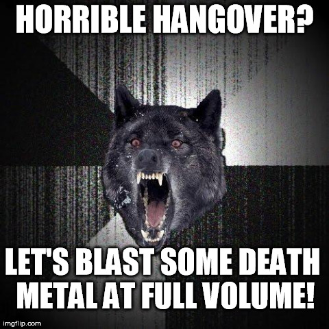 Hangover | HORRIBLE HANGOVER? LET'S BLAST SOME DEATH METAL AT FULL VOLUME! | image tagged in memes,insanity wolf,death metal,funny | made w/ Imgflip meme maker