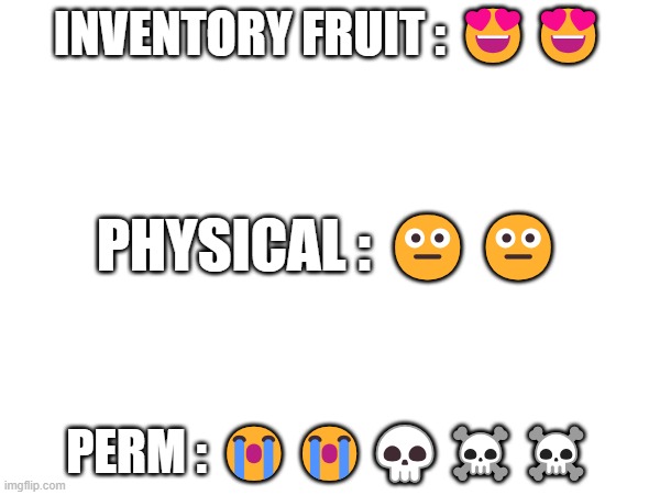 Blox fruits | INVENTORY FRUIT : 😍😍; PHYSICAL : 😐😐; PERM : 😭😭💀☠️☠️ | image tagged in fun,computer games,roblox meme | made w/ Imgflip meme maker