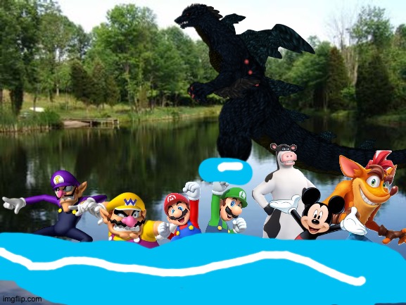 Wario and Friends dies by Raiga while swimming in a lake | image tagged in on a lake,wario dies,crossover | made w/ Imgflip meme maker