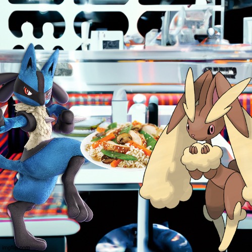 Lucario and Lopunny enjoying dinner at a diner | image tagged in diner,pokemon | made w/ Imgflip meme maker