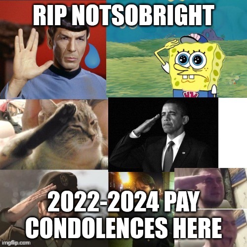 Goodbye, NSB username. You built this account from the ground up | RIP NOTSOBRIGHT; 2022-2024 PAY CONDOLENCES HERE | image tagged in salutes | made w/ Imgflip meme maker