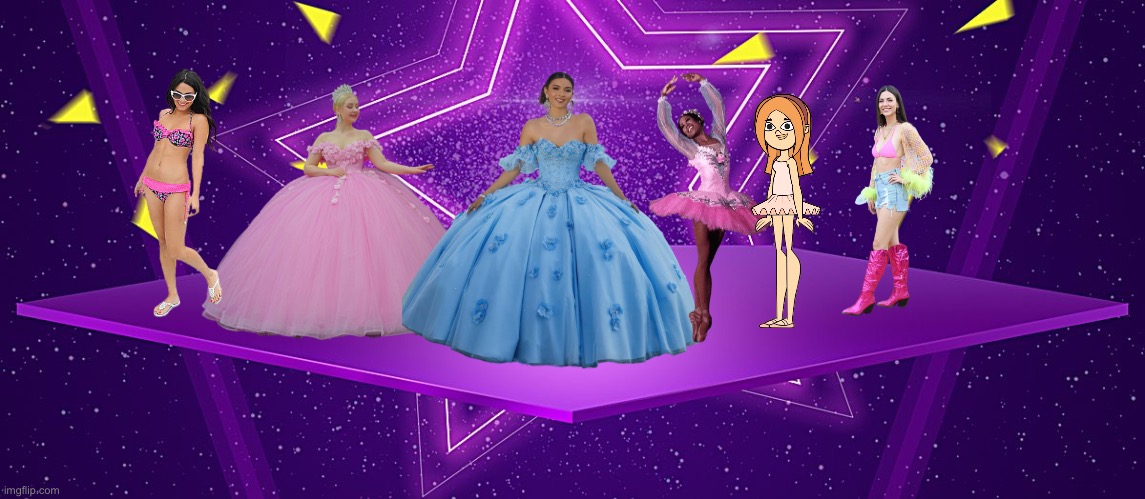 Talent Girls | image tagged in stage with purple background,girls,dress,ballet,bikini,deviantart | made w/ Imgflip meme maker