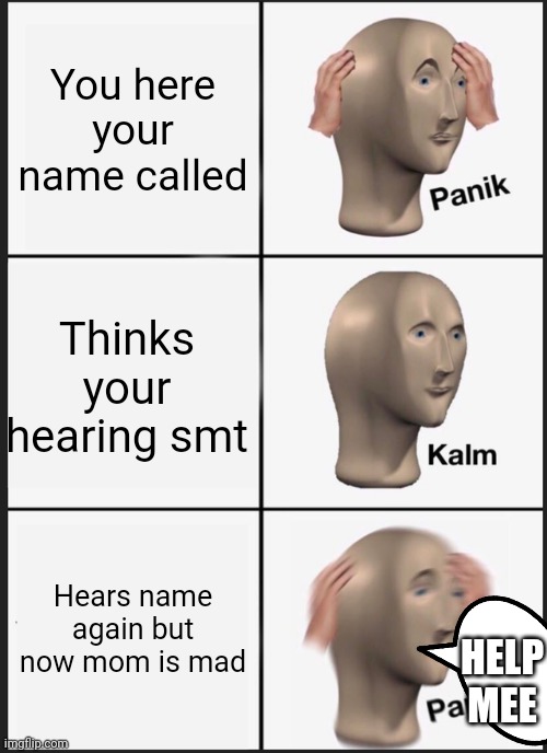 The name | You here your name called; Thinks your hearing smt; Hears name again but now mom is mad; HELP MEE | image tagged in memes,panik kalm panik | made w/ Imgflip meme maker