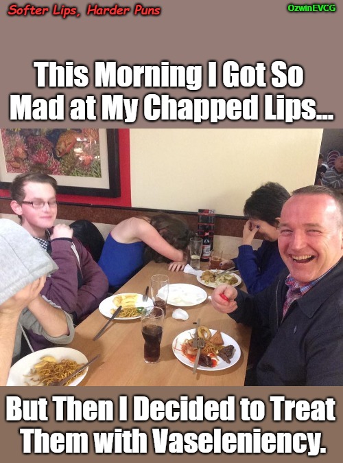 Softer Lips, Harder Puns | OzwinEVCG; Softer Lips, Harder Puns; This Morning I Got So 

Mad at My Chapped Lips... But Then I Decided to Treat 

Them with Vaseleniency. | image tagged in dad joke meme,family life,eyeroll memes,waking up,anger management,awkward comedy | made w/ Imgflip meme maker