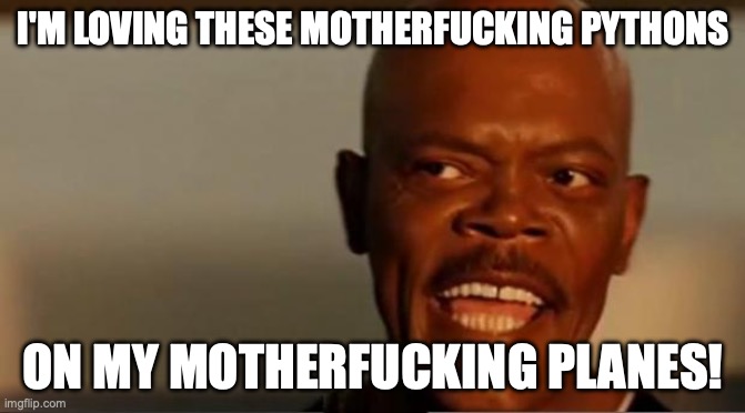 Snakes on the Plane Samuel L Jackson | I'M LOVING THESE MOTHERFUCKING PYTHONS; ON MY MOTHERFUCKING PLANES! | image tagged in snakes on the plane samuel l jackson | made w/ Imgflip meme maker