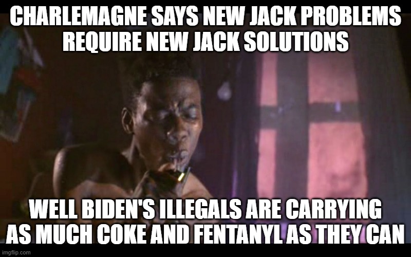 VP Pookie Harris making New Jack solutions happen | CHARLEMAGNE SAYS NEW JACK PROBLEMS
REQUIRE NEW JACK SOLUTIONS; WELL BIDEN'S ILLEGALS ARE CARRYING AS MUCH COKE AND FENTANYL AS THEY CAN | image tagged in fentanyl,drug addiction,overdose,fjb,drug dealer,mexican | made w/ Imgflip meme maker