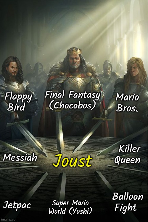 Joust was an arcade game from 1982. | Flappy Bird; Final Fantasy (Chocobos); Mario Bros. Killer Queen; Messiah; Joust; Balloon Fight; Jetpac; Super Mario World (Yoshi) | image tagged in knights of the round table,video games,history,inspiration | made w/ Imgflip meme maker