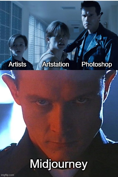 artists_vs_modjourney | Artists         Artstation       Photoshop; Midjourney | image tagged in artists,artificial intelligence | made w/ Imgflip meme maker