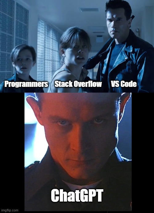 programmers_vs_chatgpt | Programmers     Stack Overflow       VS Code; ChatGPT | image tagged in programmers,chatgpt,artificial intelligence | made w/ Imgflip meme maker