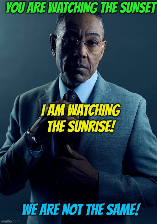 Gus Fring we are not the same | YOU ARE WATCHING THE SUNSET I AM WATCHING THE SUNRISE! WE ARE NOT THE SAME! | image tagged in gus fring we are not the same | made w/ Imgflip meme maker