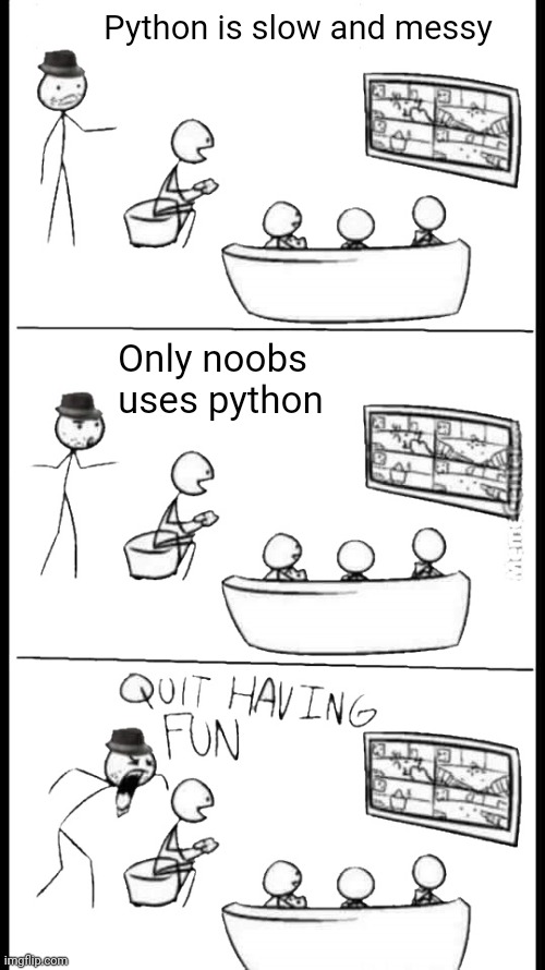 Quit Having Fun | Python is slow and messy; Only noobs uses python | image tagged in quit having fun | made w/ Imgflip meme maker