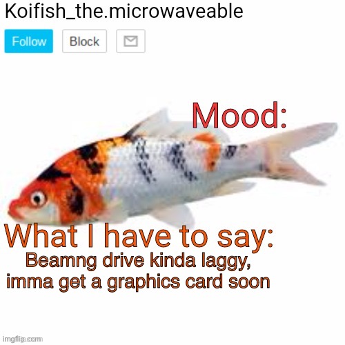 Koifish_the.microwaveable announcement | Beamng drive kinda laggy, imma get a graphics card soon | image tagged in koifish_the microwaveable announcement | made w/ Imgflip meme maker