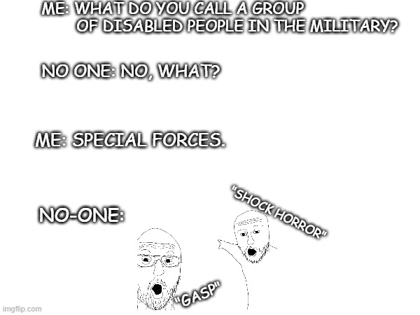 What do you call a group of.... (part one) | ME: WHAT DO YOU CALL A GROUP                             OF DISABLED PEOPLE IN THE MILITARY? NO ONE: NO, WHAT? ME: SPECIAL FORCES. "SHOCK HORROR"; NO-ONE:; "GASP" | image tagged in we weren't expecting special forces,disability | made w/ Imgflip meme maker