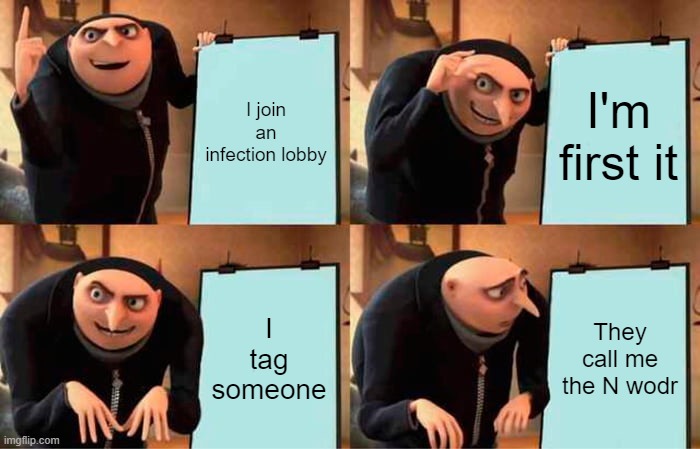 LIKE DAMN BRO CHILL | I join an infection lobby; I'm first it; I tag someone; They call me the N wodr | image tagged in memes,gru's plan,vr,gorilla tag | made w/ Imgflip meme maker