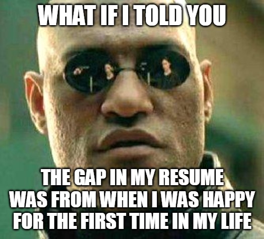 What if i told you | WHAT IF I TOLD YOU; THE GAP IN MY RESUME WAS FROM WHEN I WAS HAPPY FOR THE FIRST TIME IN MY LIFE | image tagged in what if i told you,meme,memes,funny,work | made w/ Imgflip meme maker