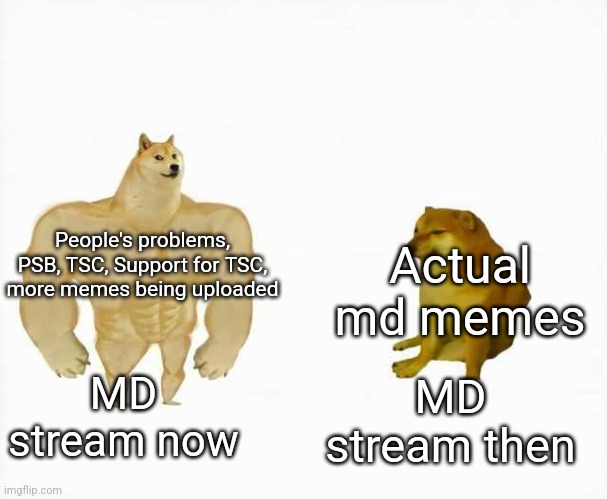 I am not sure if I should have just made the. Both buff but I prefer the stream now then what it was before | People's problems, PSB, TSC, Support for TSC, more memes being uploaded; Actual md memes; MD stream now; MD stream then | image tagged in strong dog vs weak dog | made w/ Imgflip meme maker