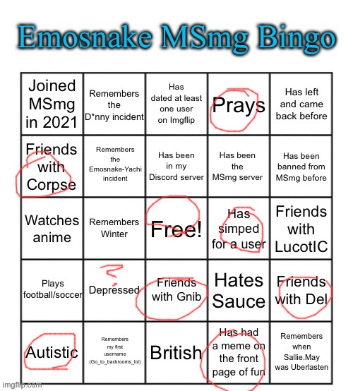 i hate bingos that are full of “remembers ____” cuz it punishes you for not being an og | image tagged in emosnake msmg bingo | made w/ Imgflip meme maker