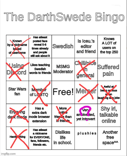 The DarthSwede Bingo | image tagged in the darthswede bingo | made w/ Imgflip meme maker