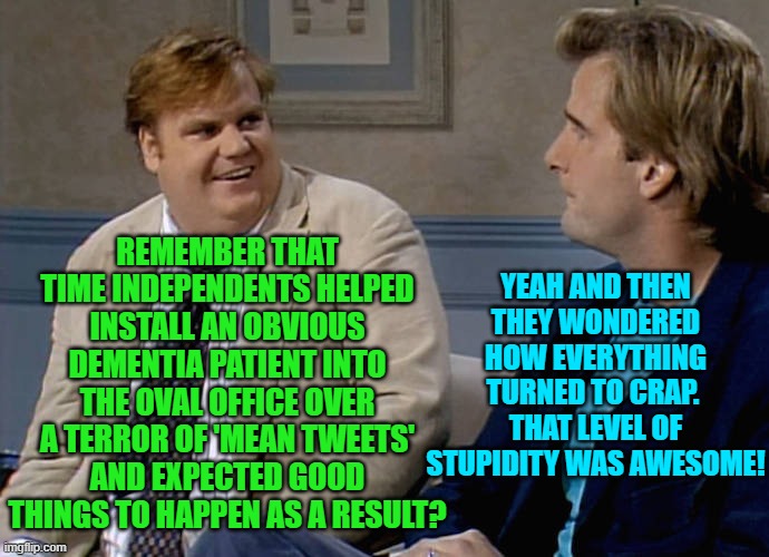 Yeah political independents . . . you need to remember what you did. | REMEMBER THAT TIME INDEPENDENTS HELPED INSTALL AN OBVIOUS DEMENTIA PATIENT INTO THE OVAL OFFICE OVER A TERROR OF 'MEAN TWEETS' AND EXPECTED GOOD THINGS TO HAPPEN AS A RESULT? YEAH AND THEN THEY WONDERED HOW EVERYTHING TURNED TO CRAP.  THAT LEVEL OF STUPIDITY WAS AWESOME! | image tagged in remember that time | made w/ Imgflip meme maker