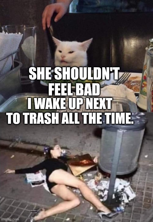 SHE SHOULDN'T FEEL BAD; I WAKE UP NEXT TO TRASH ALL THE TIME. | image tagged in salad cat | made w/ Imgflip meme maker