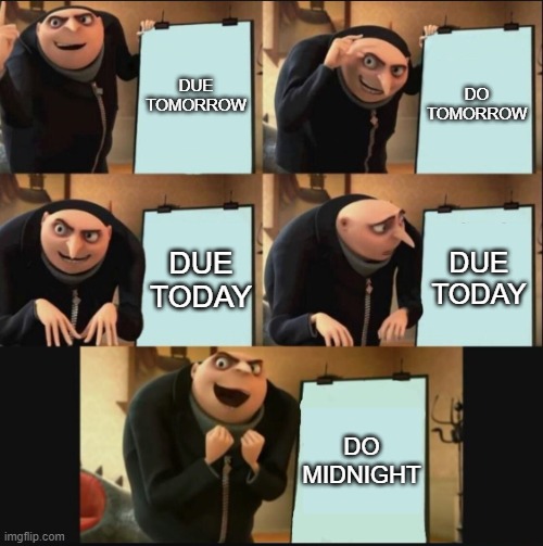 5 panel gru meme | DUE TOMORROW; DO TOMORROW; DUE TODAY; DUE TODAY; DO MIDNIGHT | image tagged in 5 panel gru meme | made w/ Imgflip meme maker