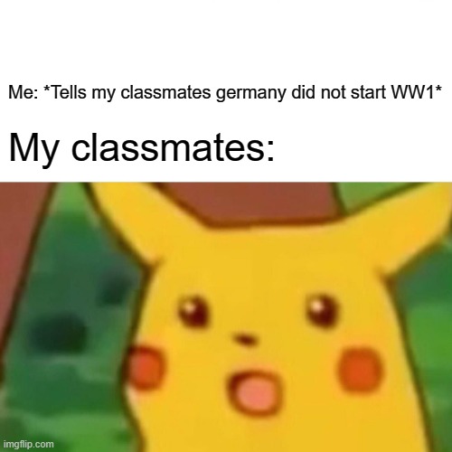 Surprised Pikachu | Me: *Tells my classmates germany did not start WW1*; My classmates: | image tagged in memes,surprised pikachu | made w/ Imgflip meme maker