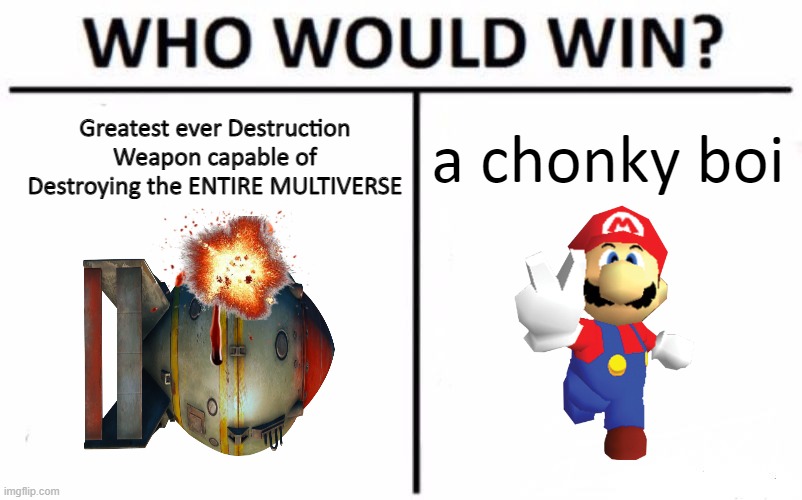 lol | a chonky boi; Greatest ever Destruction Weapon capable of Destroying the ENTIRE MULTIVERSE | image tagged in memes,who would win | made w/ Imgflip meme maker