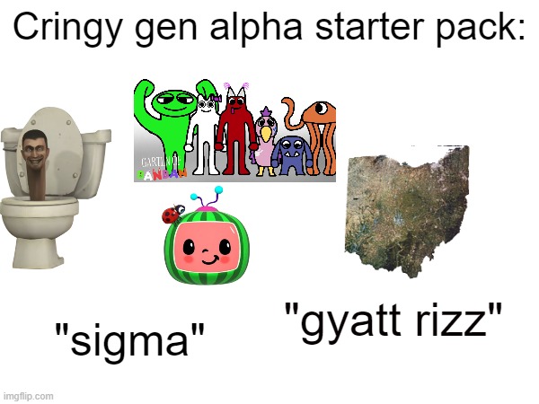 gen alpha sucks mainly 2014-now kids | Cringy gen alpha starter pack:; "gyatt rizz"; "sigma" | image tagged in gen alpha,crap,front page plz | made w/ Imgflip meme maker