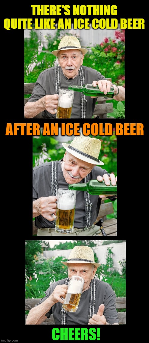 Drink Beer | THERE'S NOTHING QUITE LIKE AN ICE COLD BEER; AFTER AN ICE COLD BEER; CHEERS! | image tagged in beer,cold beer here,the most interesting man in the world,wise man,drink beer,craft beer | made w/ Imgflip meme maker