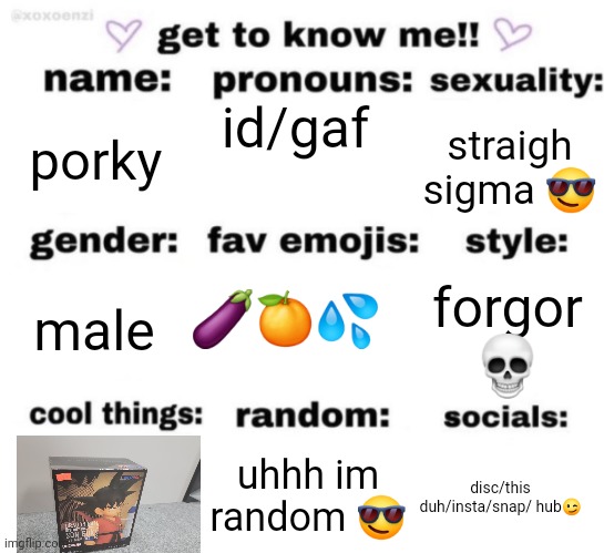 took me along time | id/gaf; porky; straigh sigma 😎; 🍆🍊💦; forgor 💀; male; disc/this duh/insta/snap/ hub😉; uhhh im random 😎 | image tagged in get to know me but better | made w/ Imgflip meme maker