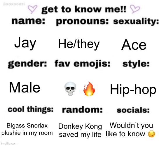 Real | Jay; He/they; Ace; 💀 🔥; Hip-hop; Male; Wouldn’t you like to know 😏; Donkey Kong saved my life; Bigass Snorlax plushie in my room | image tagged in get to know me but better | made w/ Imgflip meme maker
